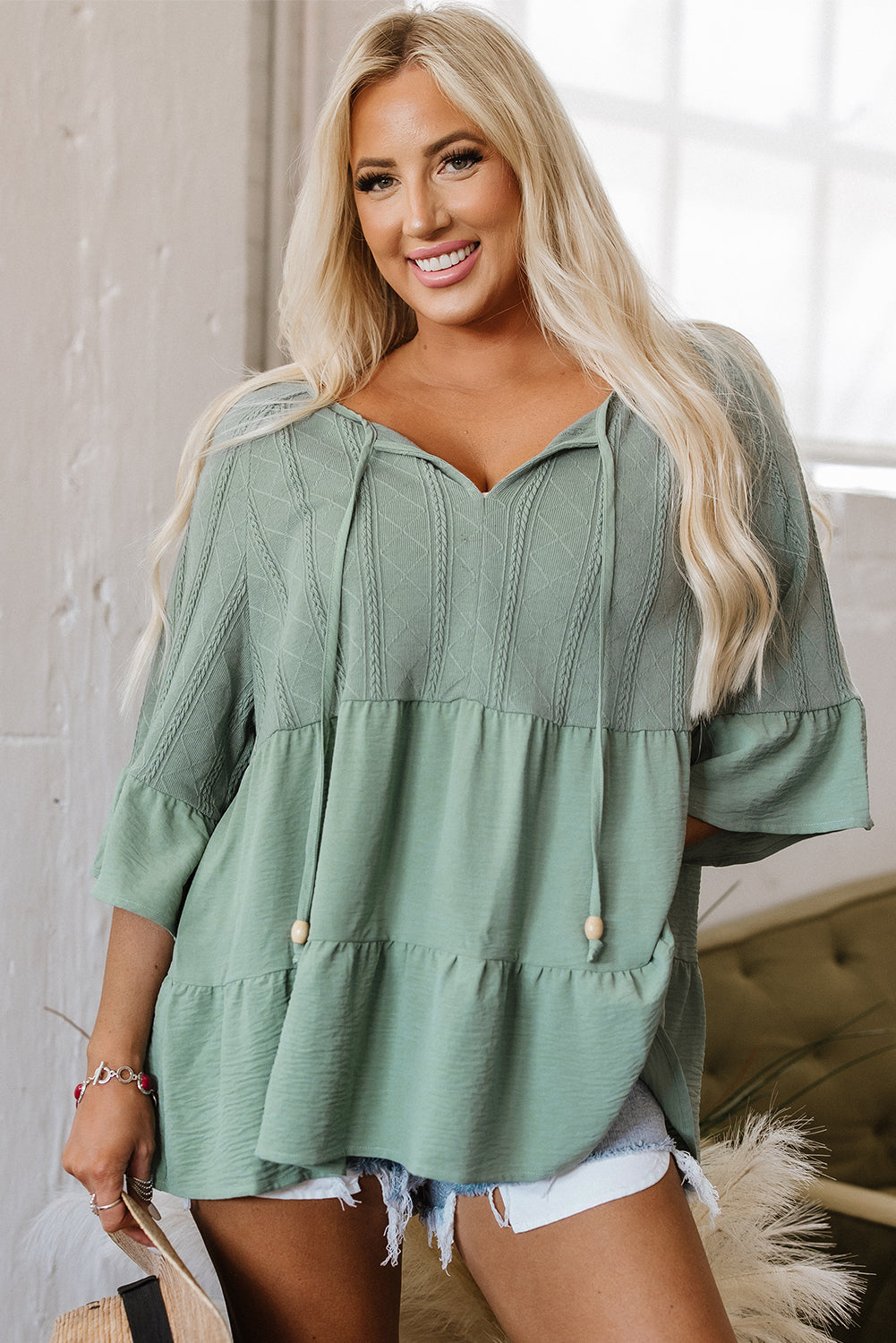 Green Tie Split Neck Textured Ruffle Patchwork Blouse