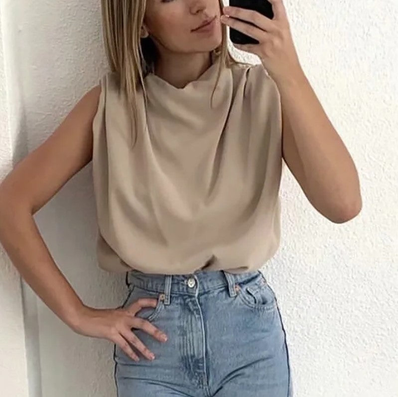 Casual Sleeveless mock neck Solid Color Blouse