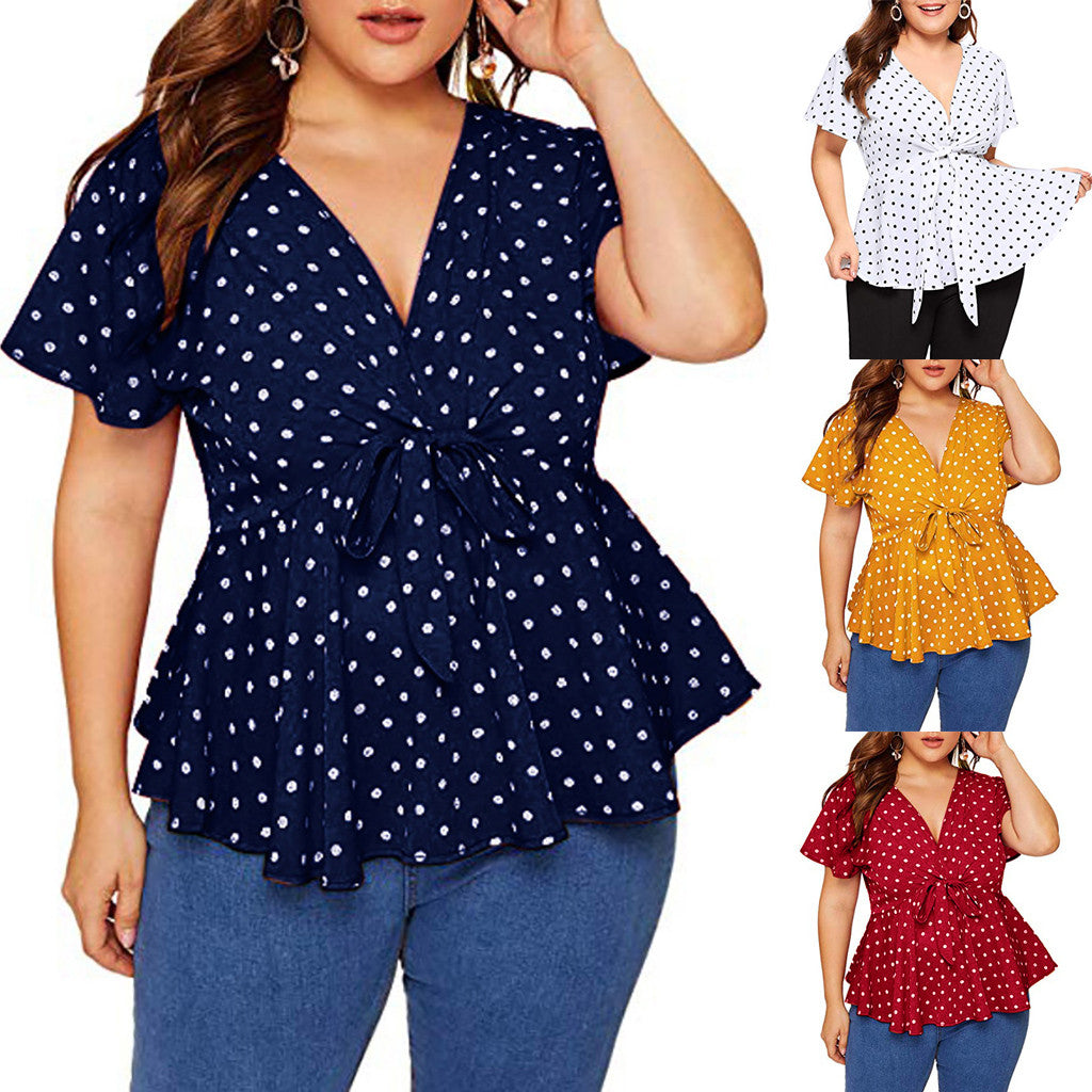 Women's Polka Dot V-Neck Short Sleeve Top
