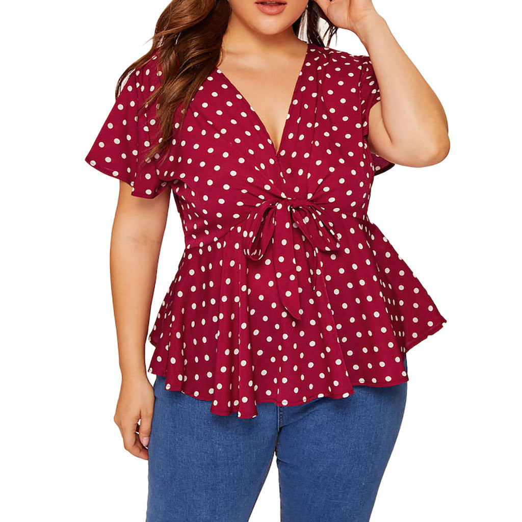 Women's Polka Dot V-Neck Short Sleeve Top