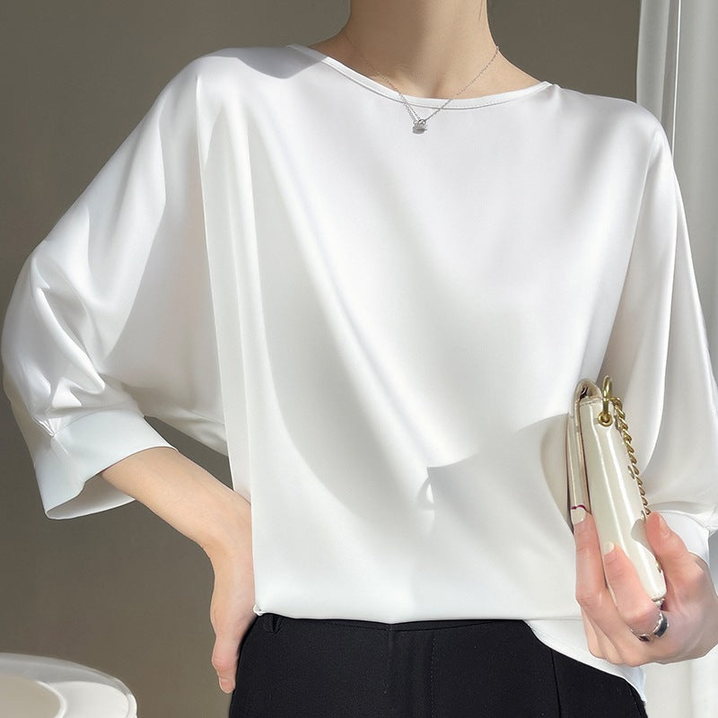 Middle length Sleeve Satin Blouse - Plus Size