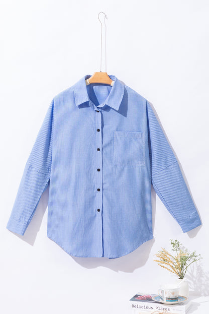 DEAR-LOVER Stripe Roll-tab Sleeve Pocketed Long Shirt