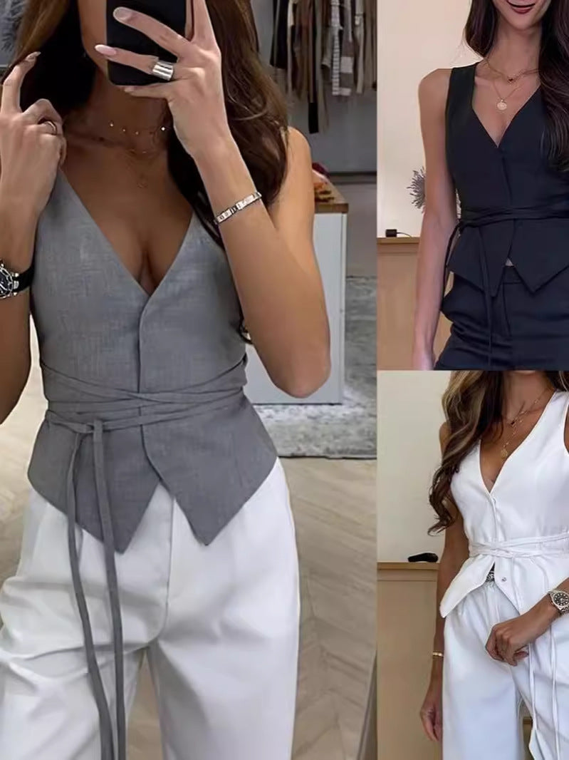 Sleeveless Vest Top - Fashionable Vest with belt