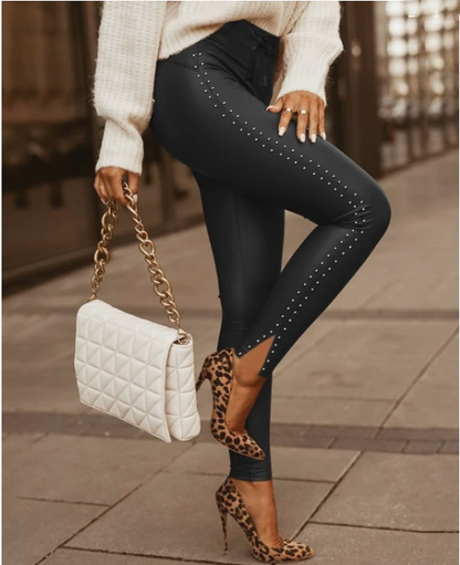 Tight Leather Pants with silver embellishment on the side and Waist Strap for Women