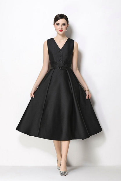 Women's Sleeveless Satin Midi Dress with Belted Waist